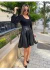 Kadın Uzun Kollu üst Viskon Alt Kloş Deri Elbise