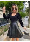 Kadın Uzun Kollu üst Viskon Alt Kloş Deri Elbise
