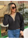 Kadın Uzun Kollu V Dantel Yaka şardonsuz üç Iplik Bluz