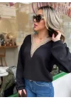 Kadın Uzun Kollu V Dantel Yaka şardonsuz üç Iplik Bluz