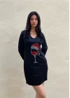 Kadın Uzun Kollu V Yaka Baskılı Dalgıç Kumaş Elbise