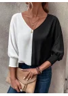 Kadın Uzun Kollu V Yaka Kol Ağzı Gipeli Sandy Bluz