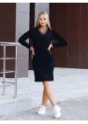 Kadın Uzun Kollu V Yaka Kol Ağzı Ve Yaka Ribana Detaylı Iki Iplik Mini Boy Elbise