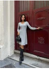 Kadın Uzun Kollu V Yaka Uzun Kol şardonlu Kaşkorse Midi Elbise