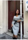 Kadın Uzun Kollu V Yaka Uzun Kol şardonlu Kaşkorse Midi Elbise