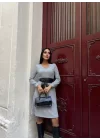 Kadın Uzun Kollu V Yaka Uzun Kol şardonlu Kaşkorse Midi Elbise