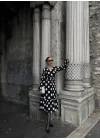 Kadın Uzun Kollu V Yakalı Beli Lastikli Puantiyeli Uzun Krep Elbise