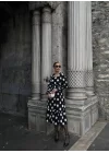 Kadın Uzun Kollu V Yakalı Beli Lastikli Puantiyeli Uzun Krep Elbise
