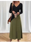 Kadın Uzun Kollu V Yakalı Blok Desenli Viskon Elbise