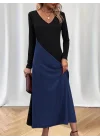 Kadın Uzun Kollu V Yakalı Blok Desenli Viskon Elbise