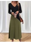 Kadın Uzun Kollu V Yakalı Blok Desenli Viskon Elbise