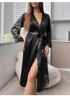 Kadın Uzun Kollu V Yakalı çiçek Baskılı Belden Kuşaklı Midi Saten Gecelik