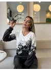 Kadın Uzun Kollu V Yakalı çiçek Baskılı şardonlu Dalgıç Bluz