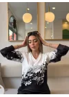 Kadın Uzun Kollu V Yakalı çiçek Baskılı şardonlu Dalgıç Bluz