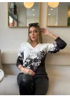 Kadın Uzun Kollu V Yakalı çiçek Baskılı şardonlu Dalgıç Bluz