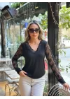 Kadın Uzun Kollu V Yakalı Dantel Detaylı Viskon Bluz