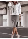 Kadın Uzun Kollu V Yakalı Iki Iplik Bluz Ve şardonlu Kaşkorse Etek Ikili Takım