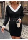 Kadın Uzun Kollu V Yakalı Kısa Triko Elbise
