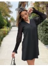 Kadın Uzun Kollu V Yakalı Kolları Tül Detay Kısa Krep Elbise