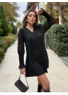 Kadın Uzun Kollu V Yakalı Kolları Tül Detay Kısa Krep Elbise
