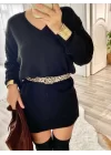 Kadın Uzun Kollu V Yakalı Mini Triko Elbise