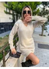 Kadın Uzun Kollu V Yakalı Mini Triko Elbise
