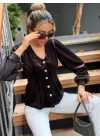 Kadın Uzun Kollu V Yakalı önden Düğmeli Kısa Kadife Bluz