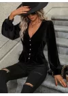 Kadın Uzun Kollu V Yakalı önden Düğmeli Kısa Kadife Bluz