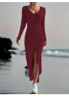 Kadın Uzun Kollu V Yakalı önden Düğmeli şardonlu Kaşkorse Elbise