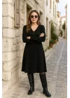 Kadın Uzun Kollu V Yakalı Salaş Midi Iki Iplik Elbise