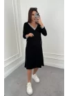 Kadın Uzun Kollu V Yakalı şerit Detaylı Cepli Midi Viskon Iki Iplik Elbise