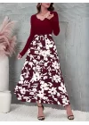 Kadın Uzun Kollu Yaka Açık üst Kaşkorse Beli Kuşaklı Alt çiçek Baskılı Dalgıç Elbise