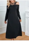 Kadın Uzun Kollu Yaka önü Güpürlü Madonna Yaka Viskon Midi Boy Elbise