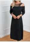 Kadın Uzun Kollu Yaka önü Güpürlü Madonna Yaka Viskon Midi Boy Elbise