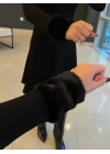Kadın Uzun Kollu Yaka Ve Manşetleri Peluş Detay Fermuar Dekolteli Mini Elbise