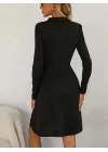 Kadın Uzun Kollu Yakalı Fermuarlı Ve Cepli Kısa Ithal Krep Kısa Elbise