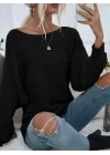 Kadın Uzun Kollu Yakası Açık Saç örgü Desenli Triko Bluz