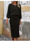 Kadın Uzun Kollu Yakası Açık Yarasa Kollu şardonlu Kaşkorse Bluz Ve Etek Takım