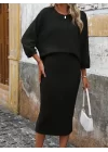 Kadın Uzun Kollu Yakası Açık Yarasa Kollu şardonlu Kaşkorse Bluz Ve Etek Takım