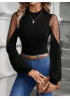 Kadın Uzun Kollu Yarı Balıkçı Yaka Kolları Tül Detaylı Ithal Krep Bluz