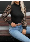 Kadın Uzun Kollu Yarı Balıkçı Yaka Leopar Detaylı Kaşkorse Bluz