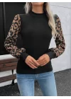 Kadın Uzun Kollu Yarı Balıkçı Yaka Leopar Detaylı Kaşkorse Bluz