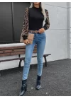 Kadın Uzun Kollu Yarı Balıkçı Yaka Leopar Detaylı Kaşkorse Bluz