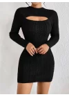 Kadın Uzun Kollu Yarı Balıkçı Yaka Pencere Göğüs Detay Mini Triko Elbise