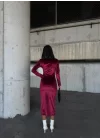 Kadın Uzun Kollu Yarım Balıkçı Yaka Büzgü Detay Kadife Kumaş Elbise