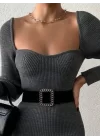 Kadın Uzun Kollu Yırtmaç Detay Triko Elbise