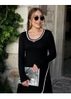 Kadın Uzun Kollu Yuvarlak Ribana Yaka Yırtmaçlı Uzun Viskon Iki Iplik Elbise