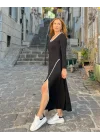 Kadın Uzun Kollu Yuvarlak Ribana Yaka Yırtmaçlı Uzun Viskon Iki Iplik Elbise