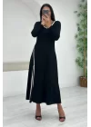 Kadın Uzun Kollu Yuvarlak Ribana Yaka Yırtmaçlı Uzun Viskon Iki Iplik Elbise