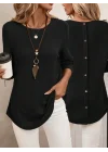 MetuCa Kadın Siyah Uzun Kollu Sırtı Düğmeli Bisiklet Yaka Waffle Kumaş Bluz Tunik